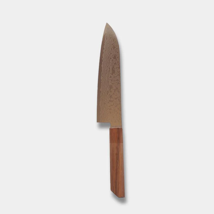 【三徳包丁】180ｍｍ 高炭素ステンレス鋼割込 磨きダマスカス 樫八角柄-柿渋仕上- | 堺刃物 | 山脇刃物製作所 - Image 3