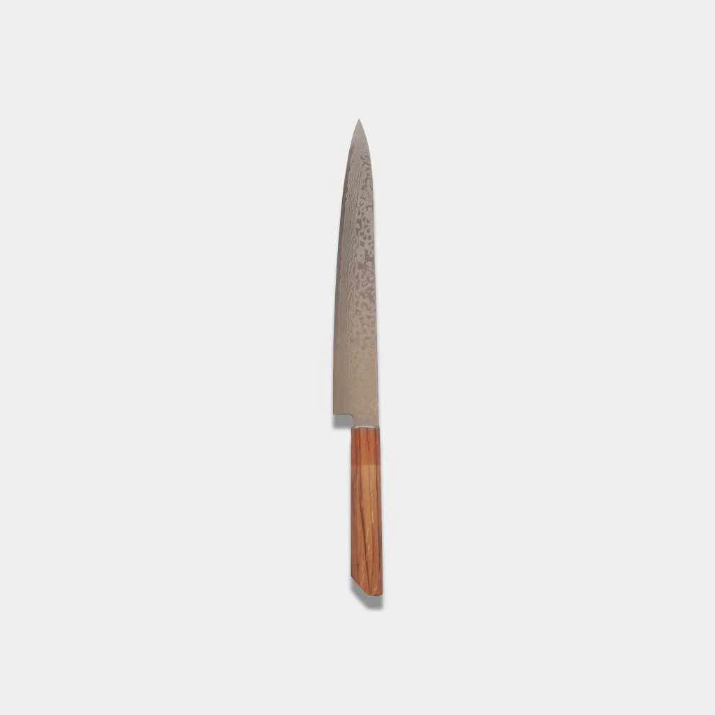 【筋引包丁】240mm 高炭素ステンレス鋼割込 磨きダマスカス 樫八角柄-柿渋仕上- | 堺刃物 | 山脇刃物製作所 - Image 3