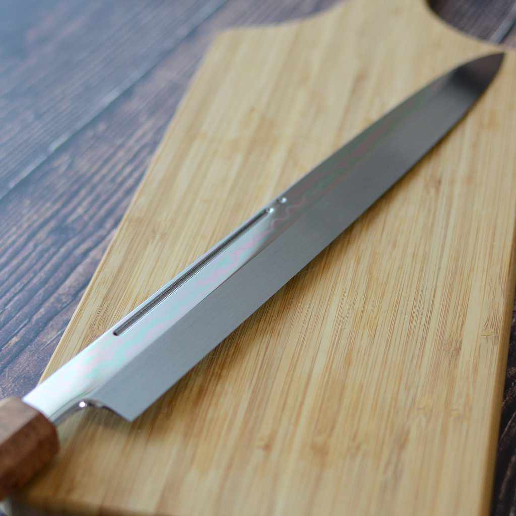 【柳刃包丁】300mm 白二鋼水焼本焼 鏡面波浮かし/樋入り 千本黒柿柄鞘仕様 | 堺刃物 | 郷右馬允義弘 - Image 11