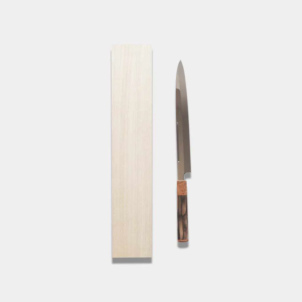 【柳刃包丁】300mm 白二鋼水焼本焼 鏡面波浮かし/樋入り 千本黒柿柄鞘仕様 | 堺刃物 | 郷右馬允義弘 - Image 2