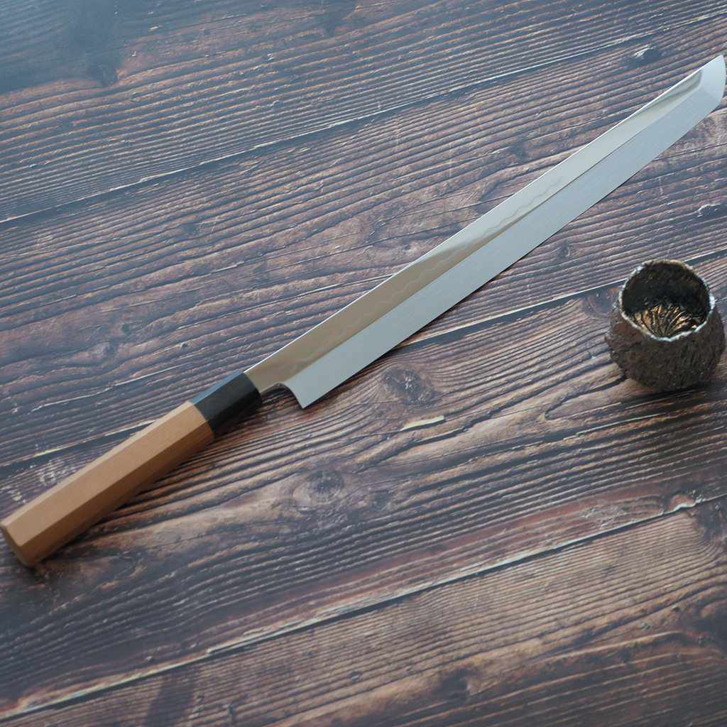 【先丸蛸引包丁】330mm 白二鋼水焼本焼 鏡面波浮かし 一位八角柄 | 堺刃物 | 郷右馬允義弘 - Image 5