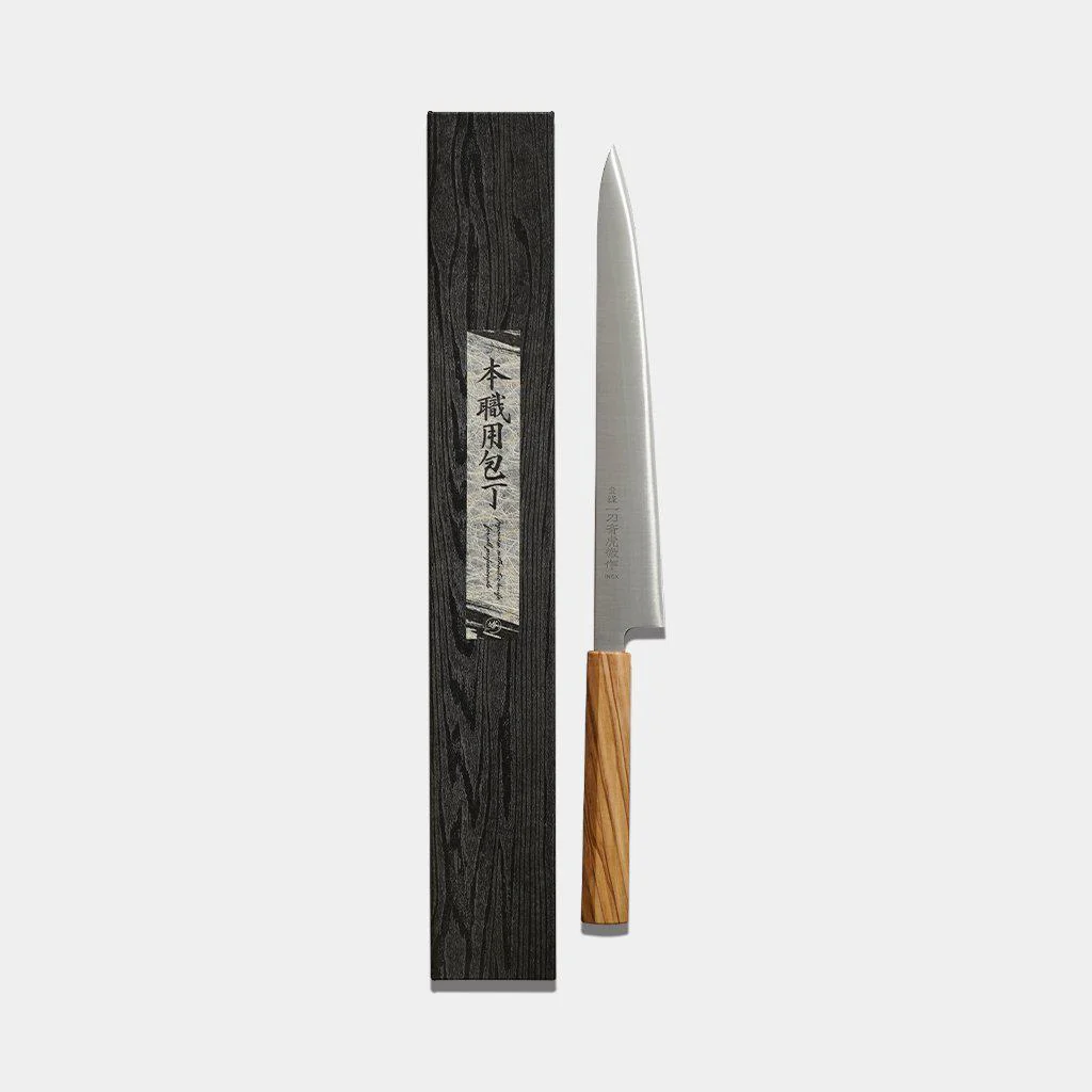 【筋引包丁】INOX スウェーデン鋼 (両刃) オリーブウッド八角柄 270mm｜BECOSオリジナル | 堺打刃物｜一刀斎虎徹 - Image 3