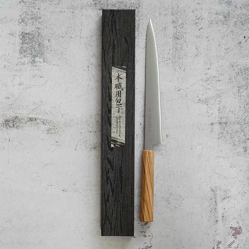 【筋引包丁】INOX スウェーデン鋼 (両刃) オリーブウッド八角柄 270mm｜BECOSオリジナル | 堺打刃物｜一刀斎虎徹 - Image 4