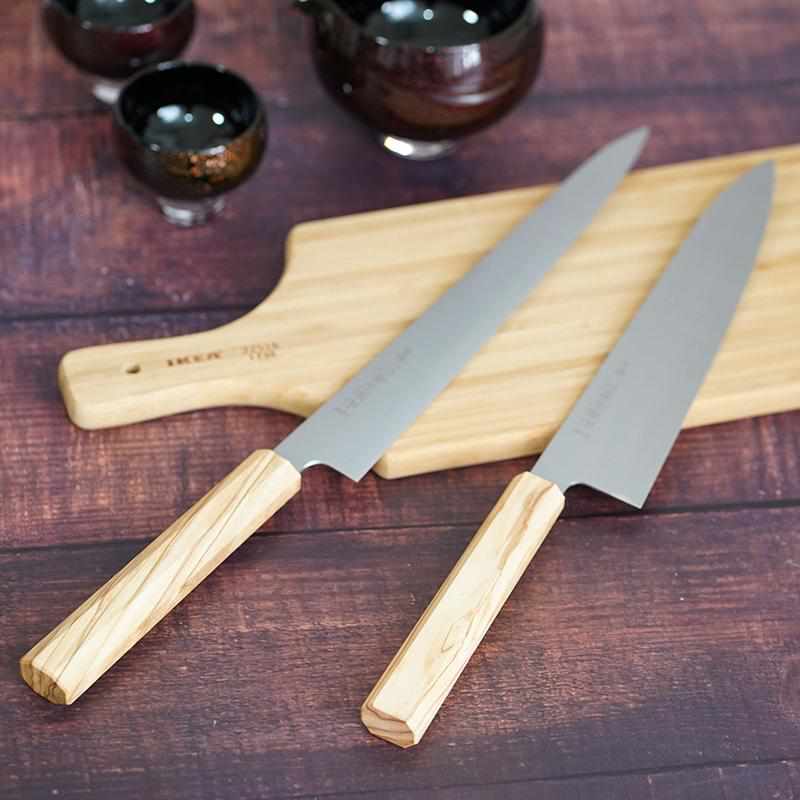【筋引包丁】INOX スウェーデン鋼 (両刃) オリーブウッド八角柄 270mm｜BECOSオリジナル | 堺打刃物｜一刀斎虎徹 - Image 6