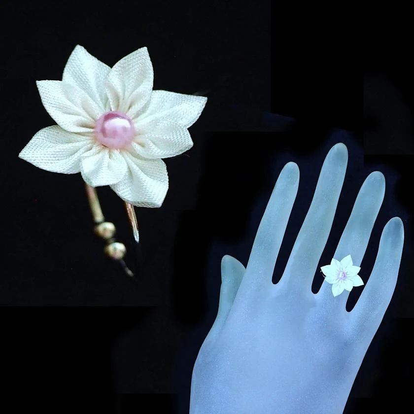 【アクセサリー】純白 (バレッタ、ブローチ、ピアス、リング 4点セット ) | つまみ細工 - Image 12