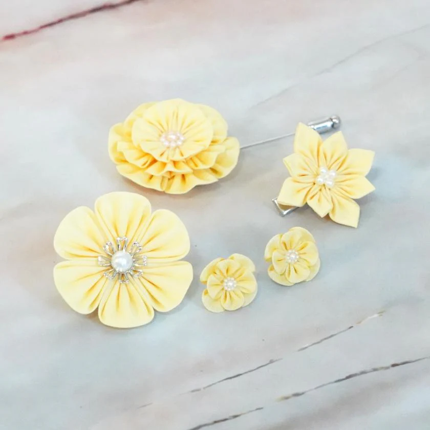 【アクセサリー】イエロー (ハットピンブローチ、ブローチ、ノンホールピアス、ヘアクリップ 4点セット ) | つまみ細工 - Image 14