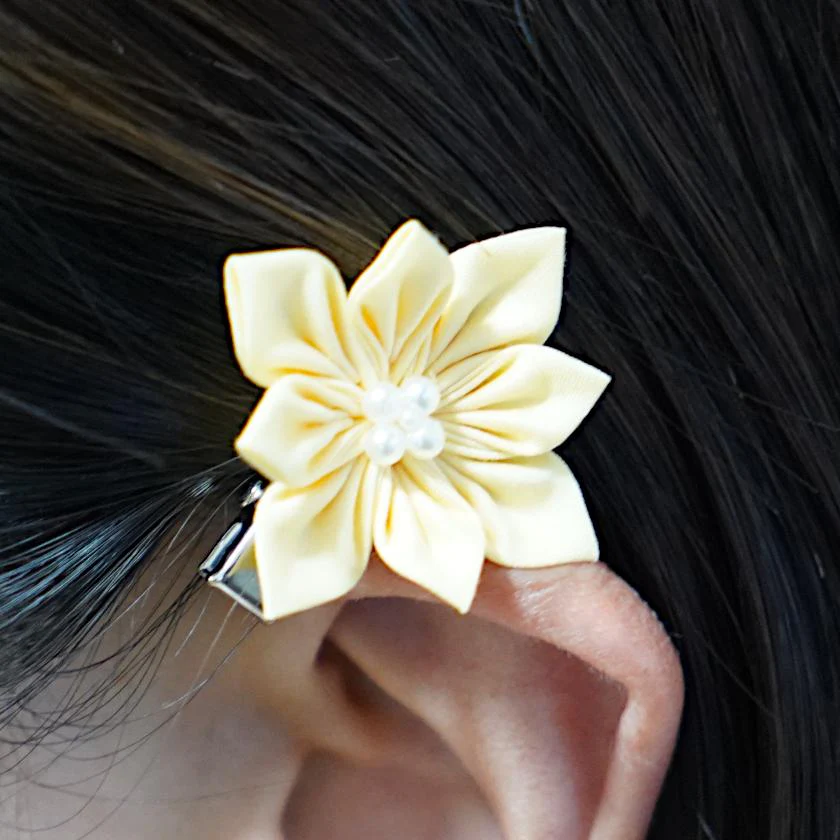 【アクセサリー】イエロー (ハットピンブローチ、ブローチ、ノンホールピアス、ヘアクリップ 4点セット ) | つまみ細工 - Image 5