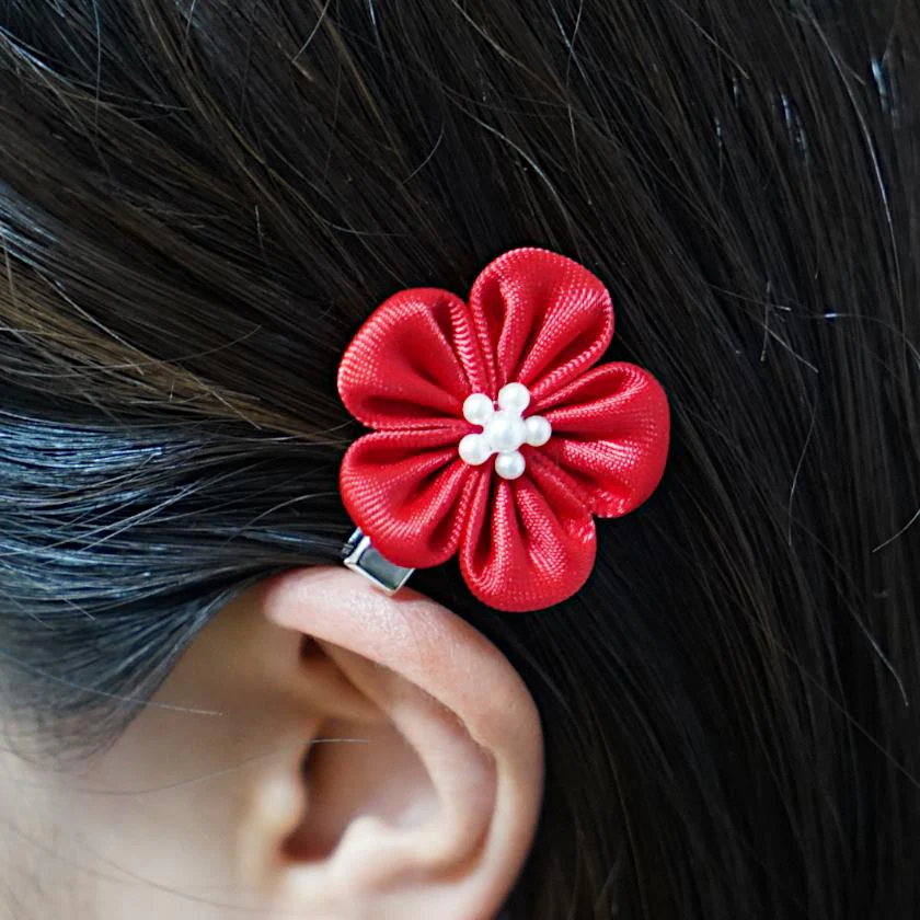 【アクセサリー】茜 (丸ブローチ、六角ブローチ、ヘアクリップ、ヘアゴム 4点セット ) | つまみ細工 - Image 5