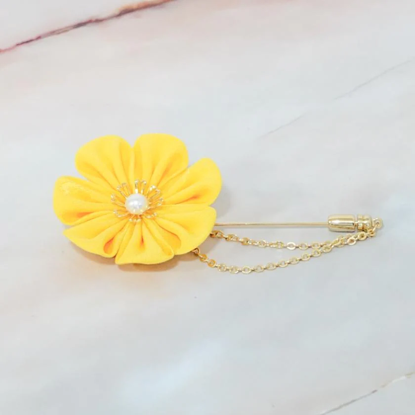 【アクセサリー】ゴールデンイエロー (バレッタ、ハットピンブローチ、ピアス、ヘアピン 4点セット ) | つまみ細工 - Image 7