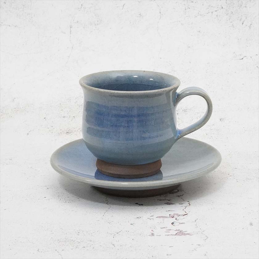 【大谷焼】佳実窯 コーヒーカップ & ソーサー 青釉 - Image 2