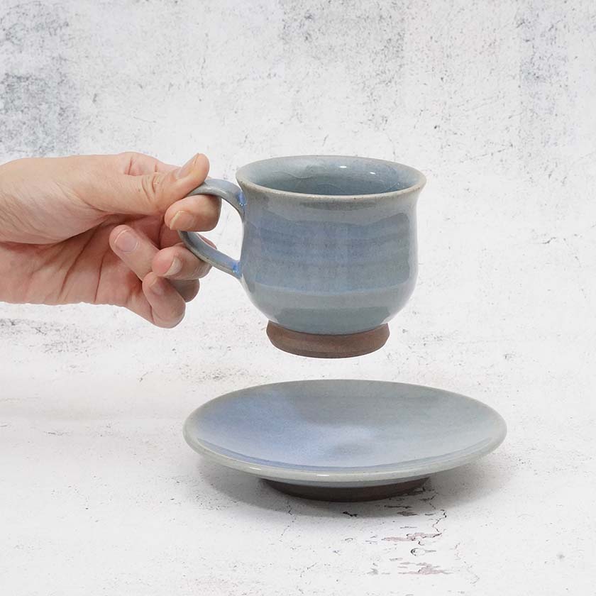 【大谷焼】佳実窯 コーヒーカップ & ソーサー 青釉 - Image 3