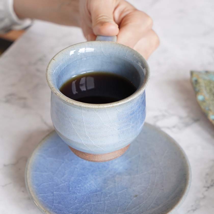 【大谷焼】佳実窯 コーヒーカップ & ソーサー 青釉 - Image 9