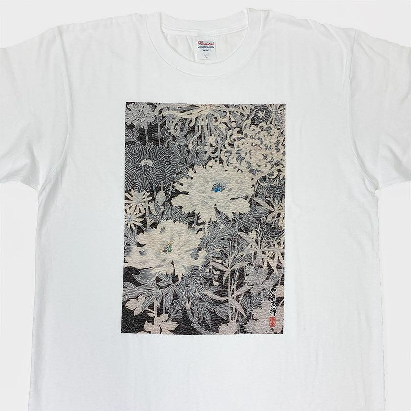 【Tシャツ】花モノクロ 白 フリーサイズ | 加賀友禅 | J.Flavor * 菊田宏幸 - Image 2